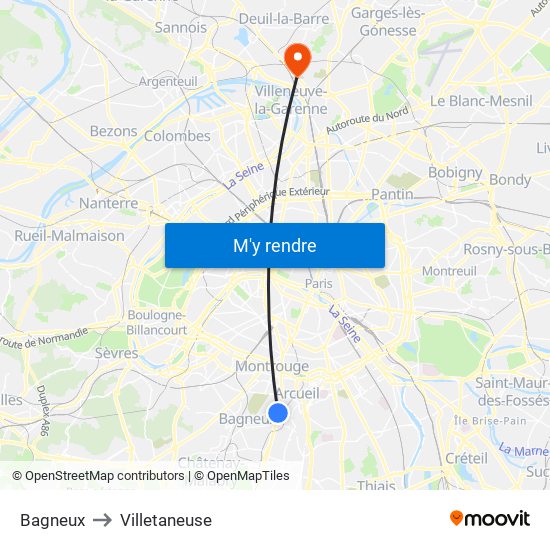 Bagneux to Villetaneuse map