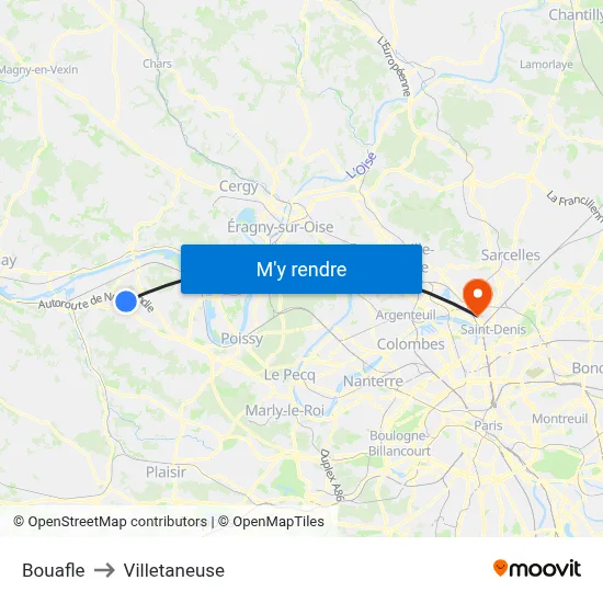 Bouafle to Villetaneuse map