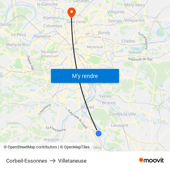 Corbeil-Essonnes to Villetaneuse map