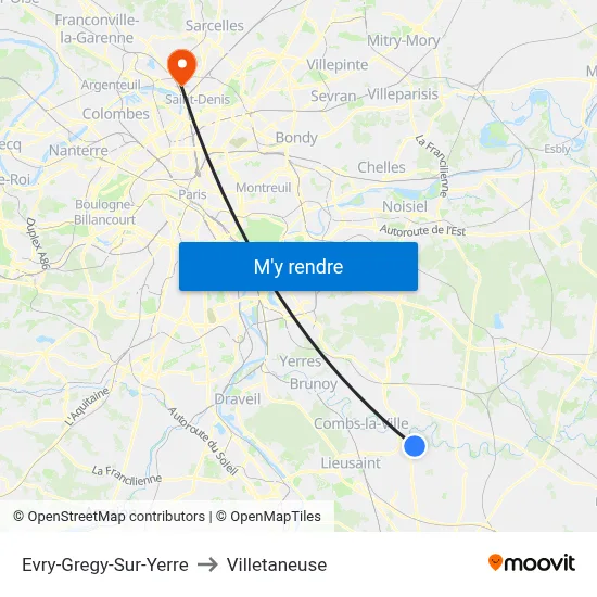 Evry-Gregy-Sur-Yerre to Villetaneuse map