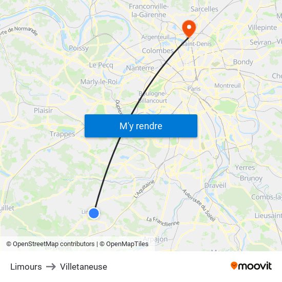 Limours to Villetaneuse map