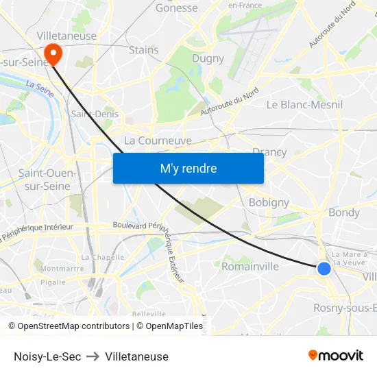 Noisy-Le-Sec to Villetaneuse map