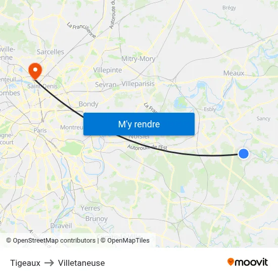 Tigeaux to Villetaneuse map