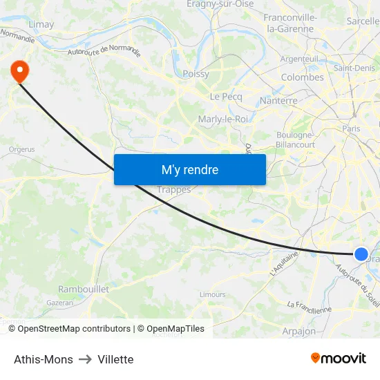 Athis-Mons to Villette map
