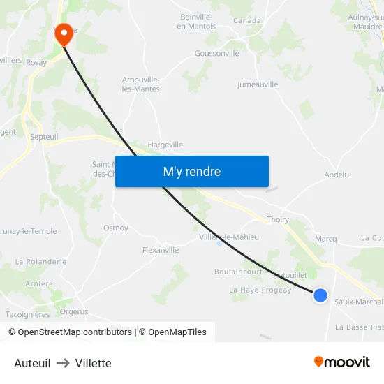 Auteuil to Villette map