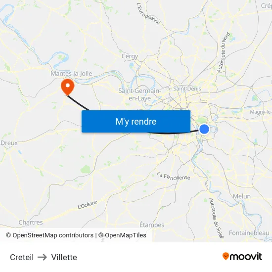Creteil to Villette map
