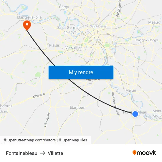 Fontainebleau to Villette map