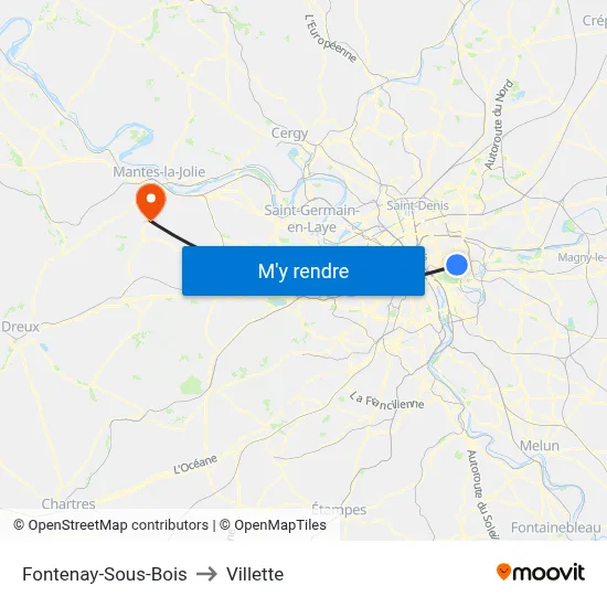 Fontenay-Sous-Bois to Villette map
