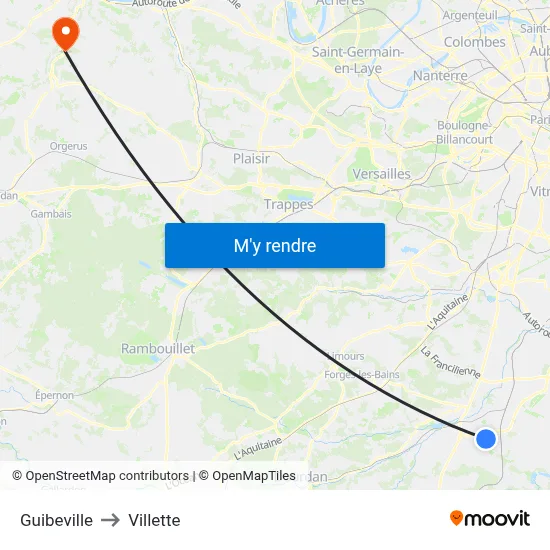 Guibeville to Villette map