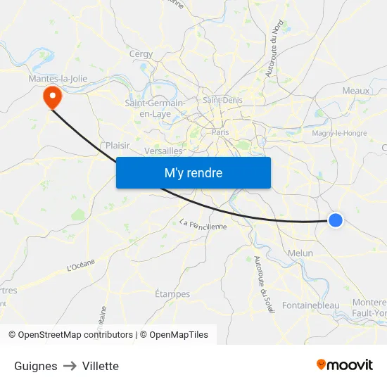 Guignes to Villette map