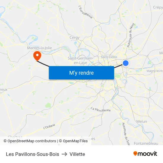 Les Pavillons-Sous-Bois to Villette map