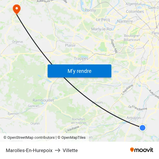 Marolles-En-Hurepoix to Villette map
