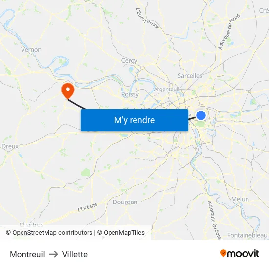 Montreuil to Villette map