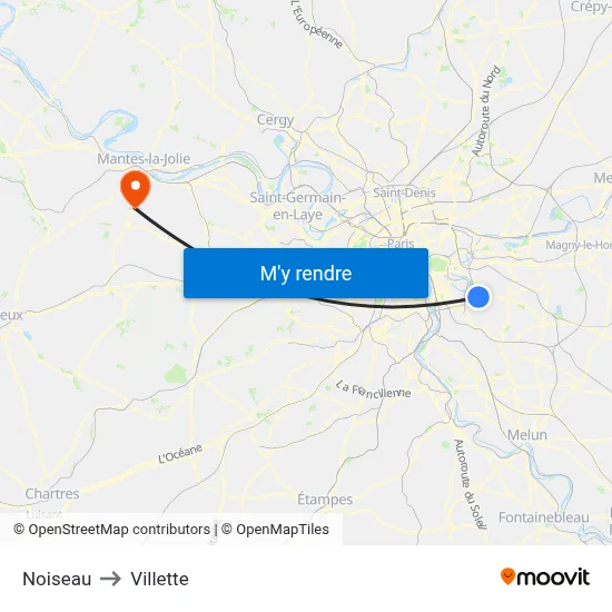 Noiseau to Villette map