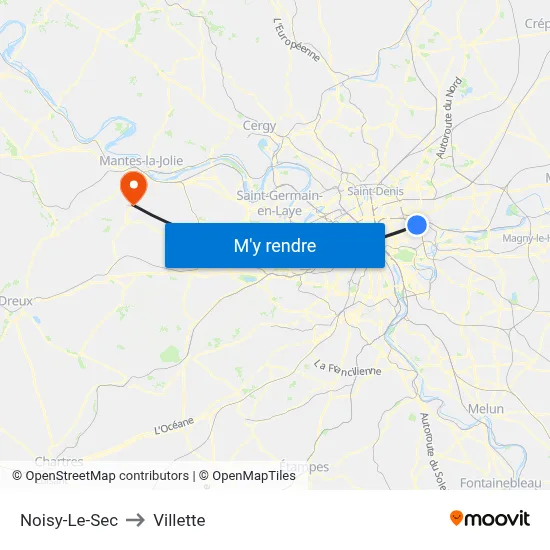 Noisy-Le-Sec to Villette map