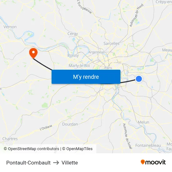 Pontault-Combault to Villette map