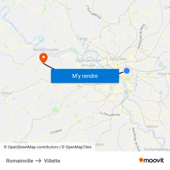 Romainville to Villette map