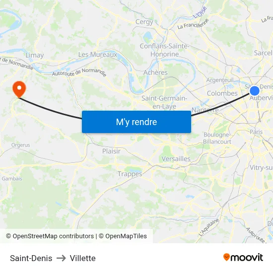 Saint-Denis to Villette map