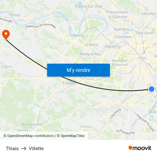 Thiais to Villette map