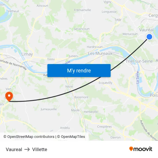 Vaureal to Villette map
