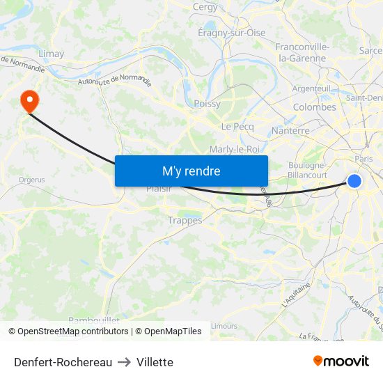 Denfert-Rochereau to Villette map