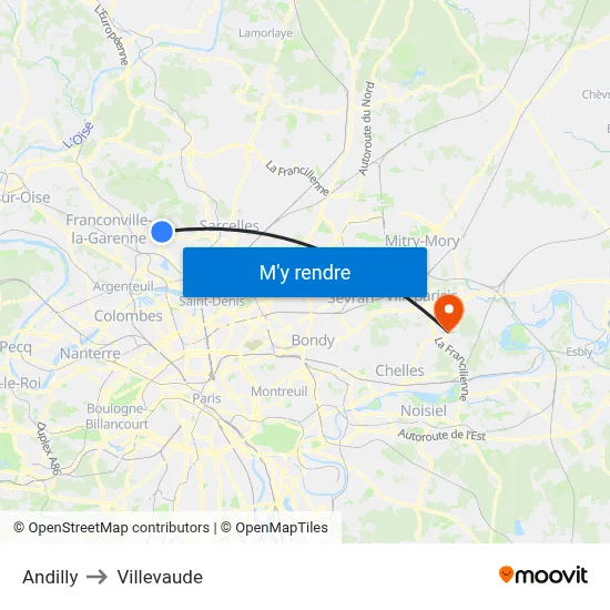 Andilly to Villevaude map