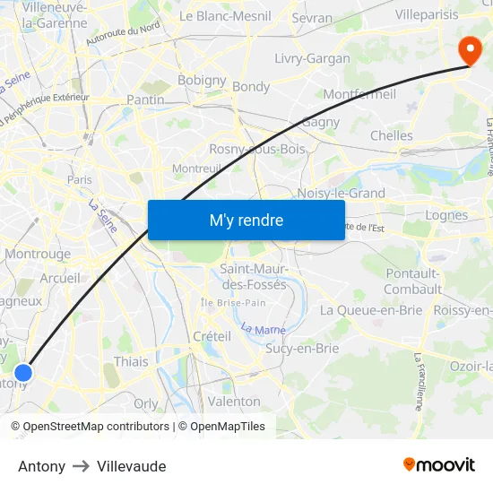 Antony to Villevaude map