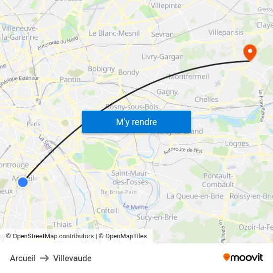 Arcueil to Villevaude map