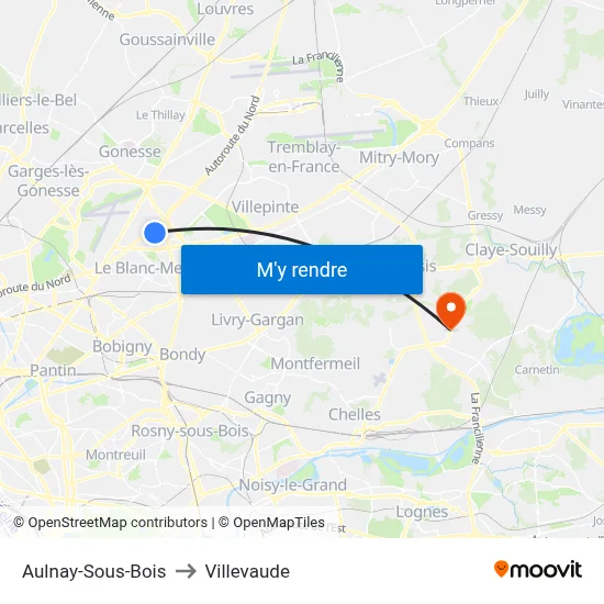 Aulnay-Sous-Bois to Villevaude map