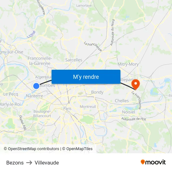 Bezons to Villevaude map