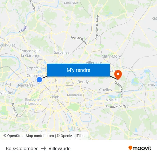 Bois-Colombes to Villevaude map