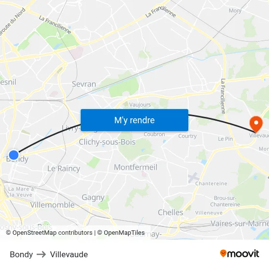 Bondy to Villevaude map