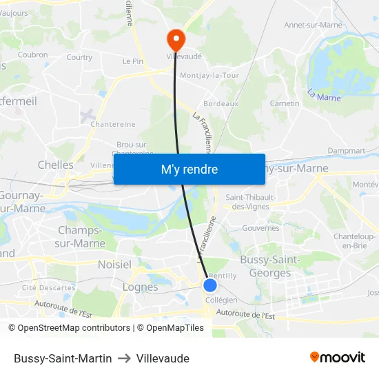 Bussy-Saint-Martin to Villevaude map