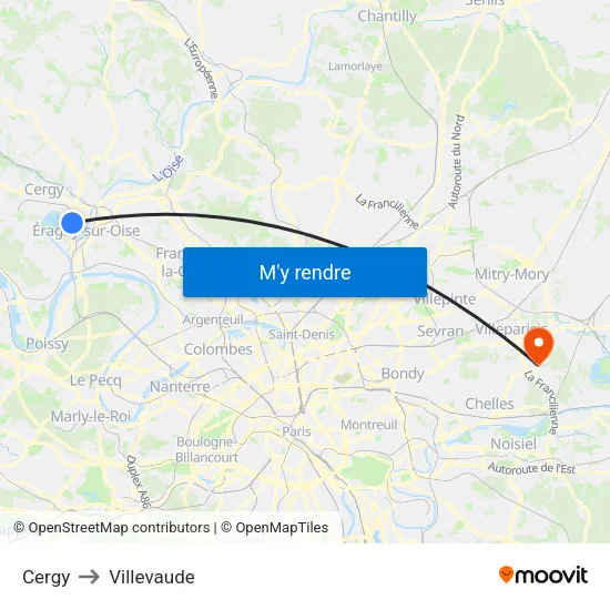 Cergy to Villevaude map