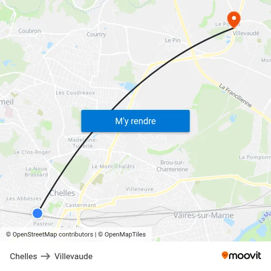 Chelles to Villevaude map