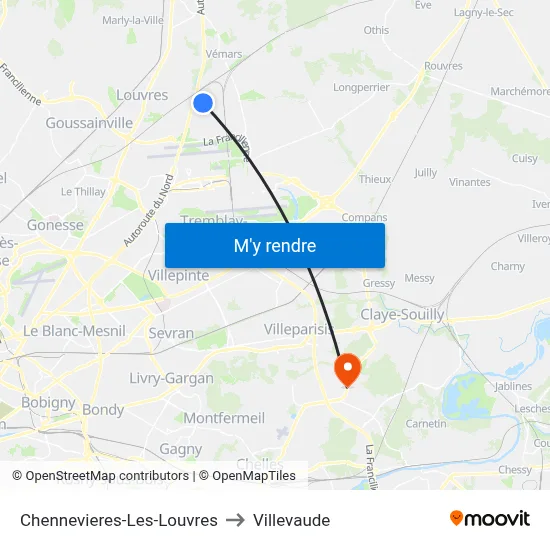 Chennevieres-Les-Louvres to Villevaude map