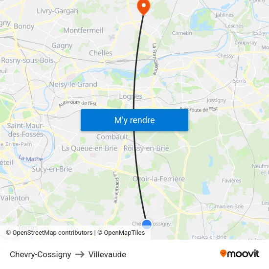 Chevry-Cossigny to Villevaude map