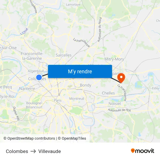 Colombes to Villevaude map