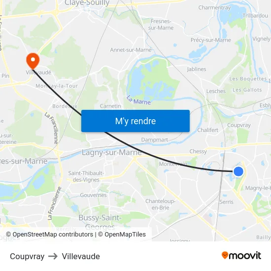 Coupvray to Villevaude map
