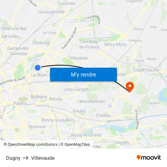 Dugny to Villevaude map