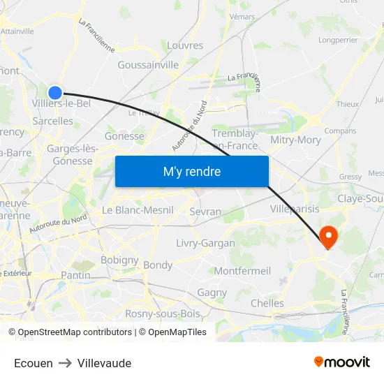 Ecouen to Villevaude map