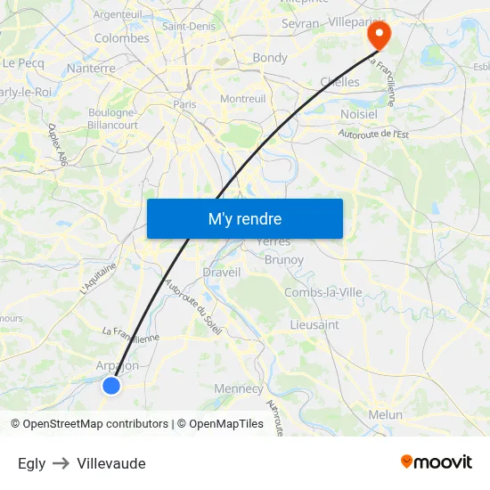 Egly to Villevaude map