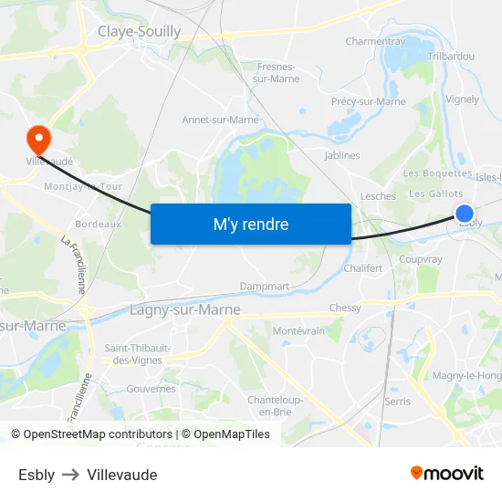 Esbly to Villevaude map