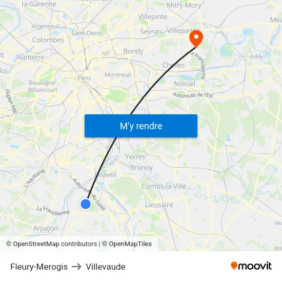Fleury-Merogis to Villevaude map
