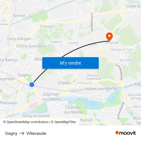 Gagny to Villevaude map