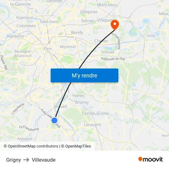Grigny to Villevaude map