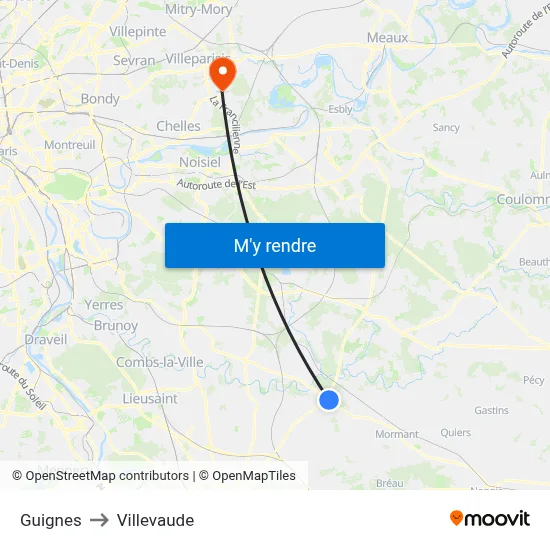 Guignes to Villevaude map