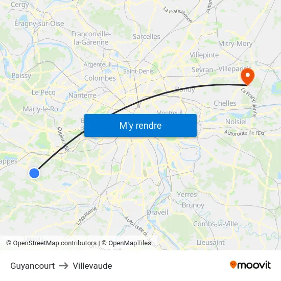 Guyancourt to Villevaude map