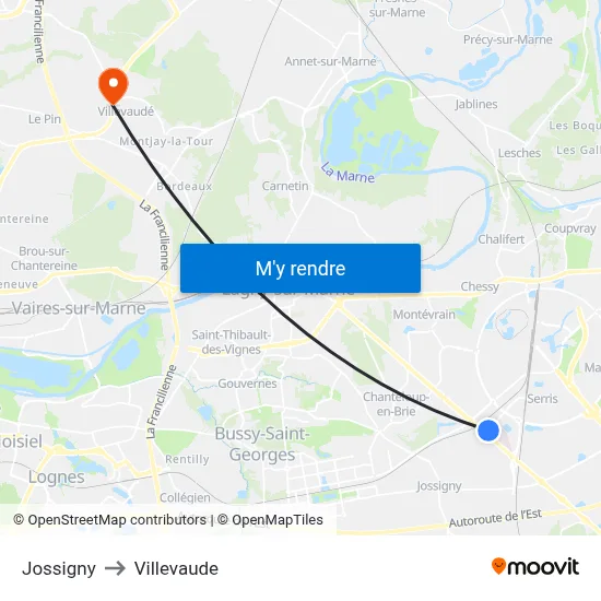 Jossigny to Villevaude map