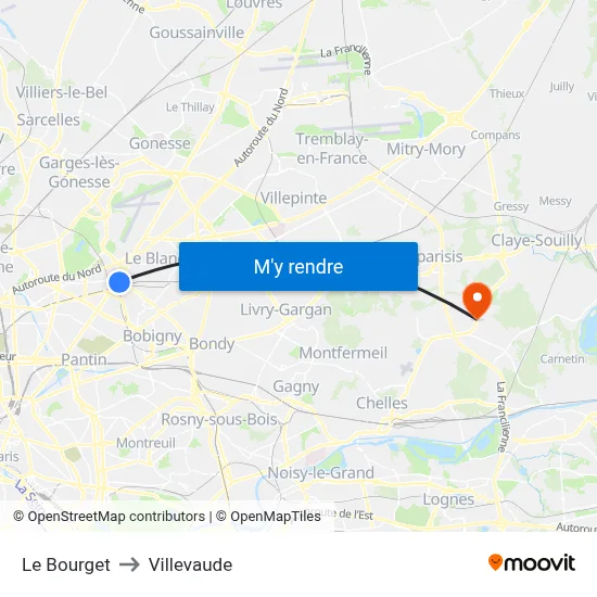 Le Bourget to Villevaude map